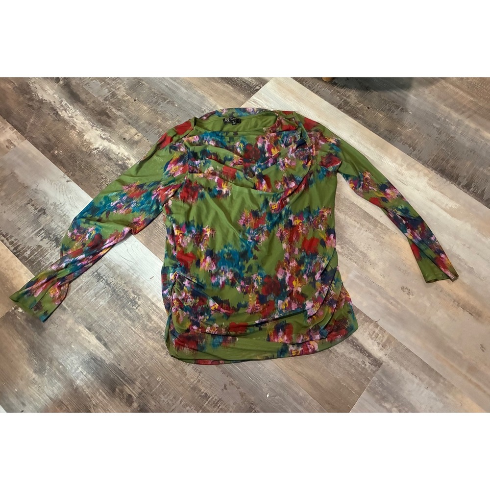 DG2 Diane Gilman Olive Green Multi Color Abstract Floral Cowl Neck Ruched Top XL